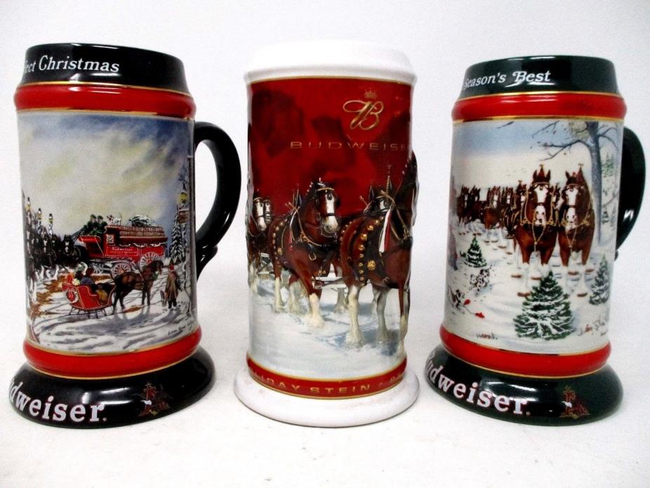 Lot of 3 Budweiser Christmas Collectible Steins 1991 1992 2004