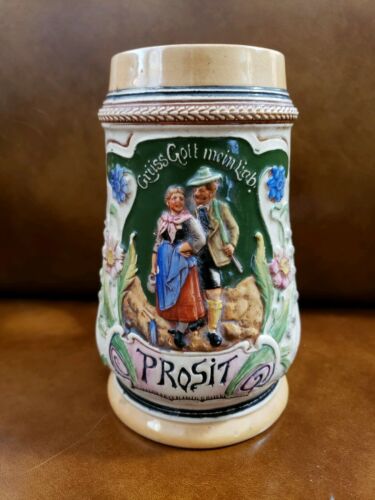 Antique German Prosit Glazed Beer Stein Mug 1/2 liter