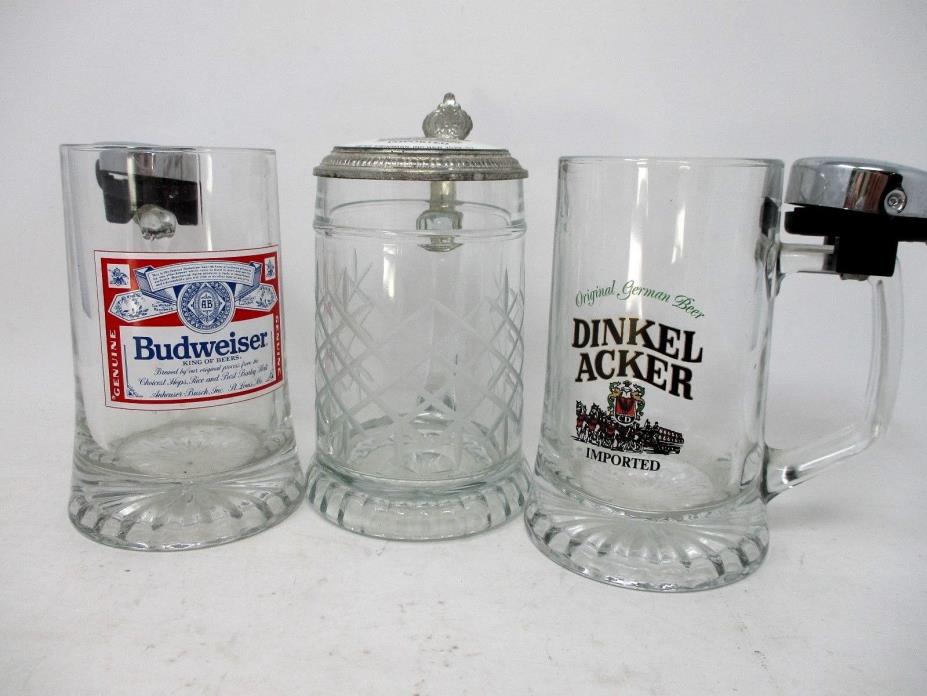 Lot of 3 Clear Glass Beer Steins - Budweiser- German Dinkelacker