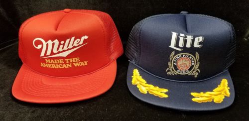 2 Vintage MILLER AND MILLER LIGHT BEER HATS Trucker Snap Back Mesh 80's 90's