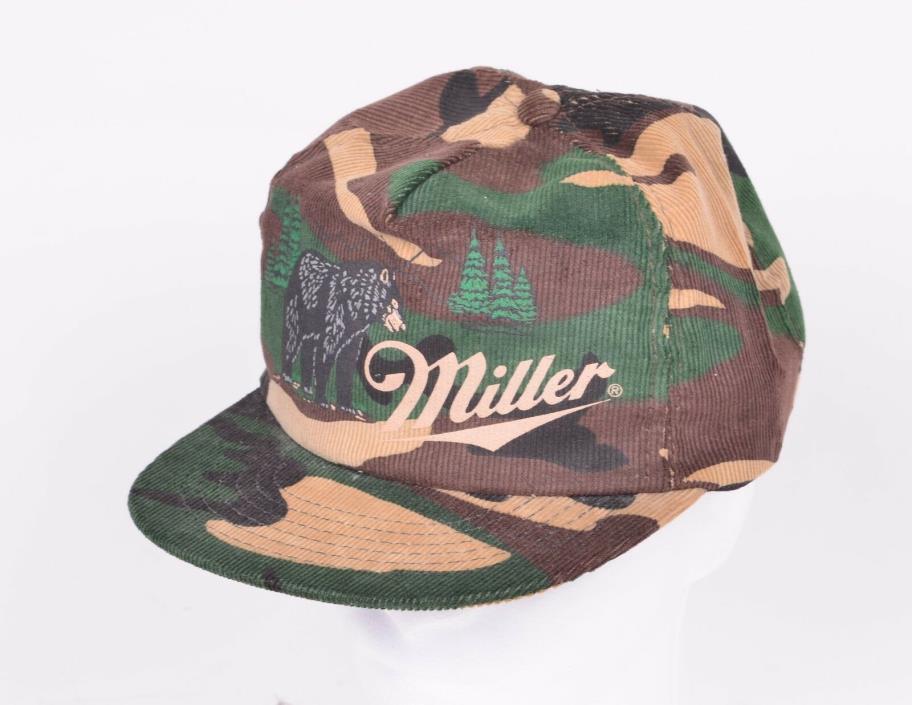 Vtg Miller Beer Camo Corduroy Snapback Trucker Black Bear Hunting Hat Cap