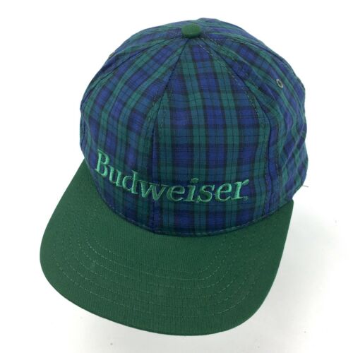Vintage Budweiser Limited Edition Green Blue Plaid Snapback Hat/Cap Made In USA