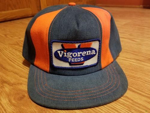 Vtg Vigorena Denim Orange Baseball Cap Snap-A-Tab Adjustment Fits 7-1/8 to 7-5/8