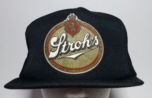 Vintage Strohs Beer Hat Mesh Snapback Baseball Cap Trucker Black Mesh