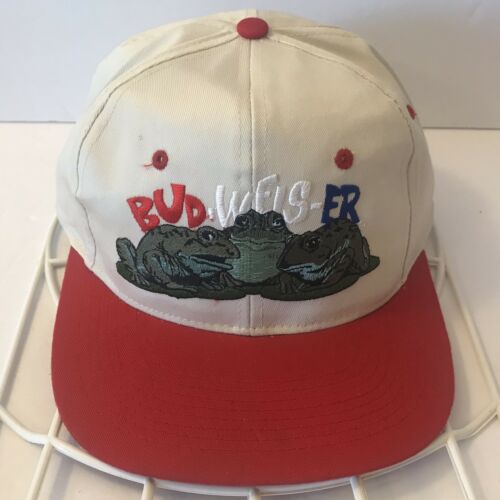 BUDWEISER Snapback Hat Embroidered Frogs 1995 Cotton Red Ivory Bud Beer Cap