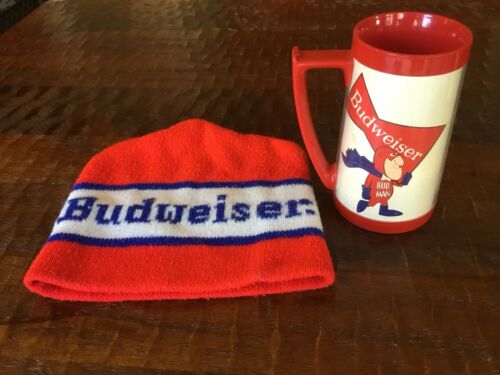 Vtg 70’s Set Budweiser Red Blue Winter Wool Knit Hat Cap and Bud Man Stein Mug