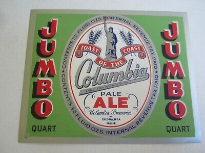 Old Vintage 1940's - COLUMBIA ALE - Beer LABEL - JUMBO - QUART - Tacoma