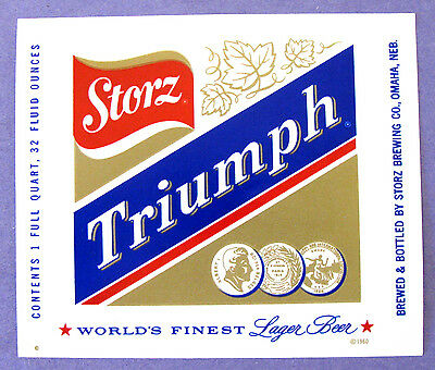 Storz Brewing STORZ TRIUMPH paper beer label NE 32oz No ABW Copr 1960