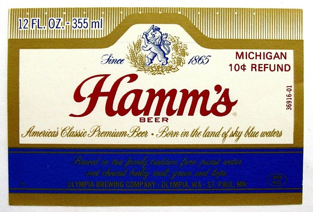 Olympia Brewing Company HAMM'S BEER label WA 12oz Michigan 10c Refund #36916-01