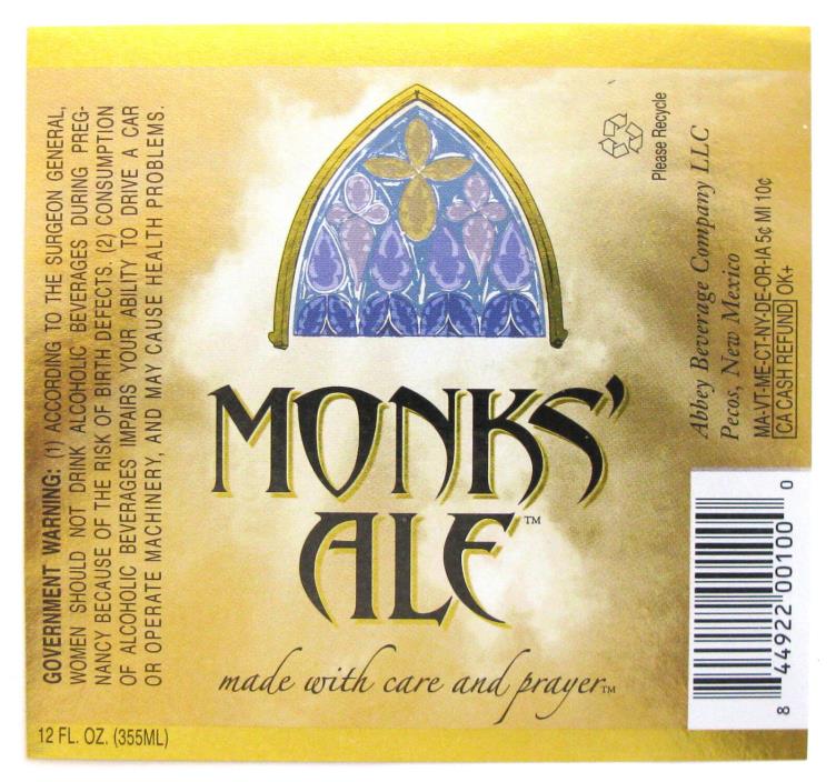 Abbey Beverage Co. MONKS' ALE beer label NM  12oz