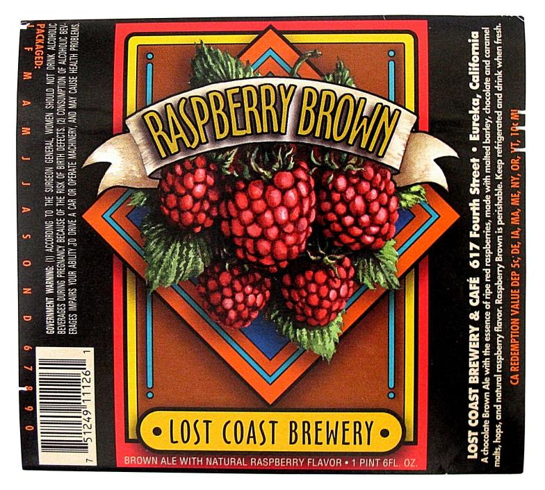 LARGE Lost Coast Brewery RASPBERRY BROWN label CA 22oz Packaged dates 2006-2010