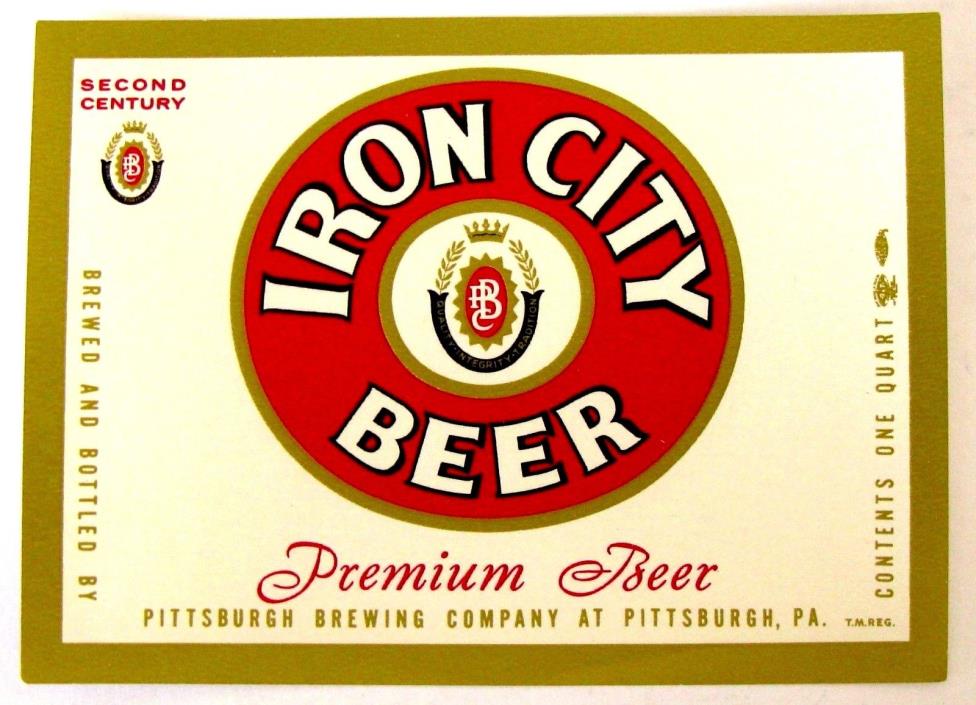 Pittsburgh Brewing IRON CITY ALE beer label PA 32oz -  No ZIP or  ABW