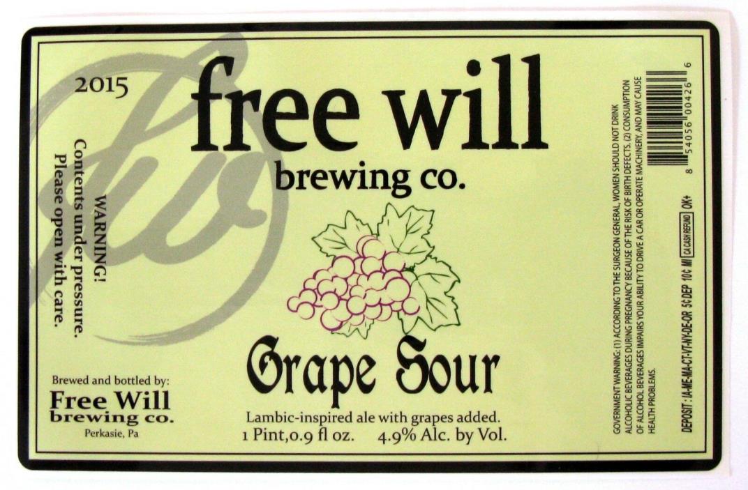 Free Will Brewing Co GRAPE SOUR beer label PA 16.9oz STICKER 2015