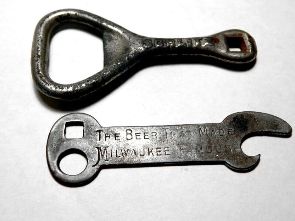 2 UNCOMMON EARLY 1900's SCHLITZ BEER BOTTLE OPENERS WITH SQUARE KEY HOLE