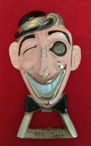 Wham-EE Vintage Metal Art Bottle Opener. Winking Man With Bow Tie And Hat