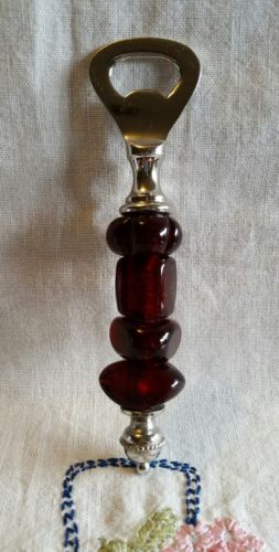 Red Glass Bead Silver Tone Bottle Opener
