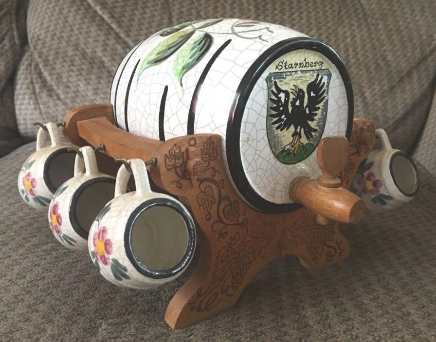 Vintage Ceramic Mini Beer Keg Barrel w/ 6 mini mugs Starnberg Bavaria Germany