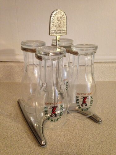 Set Of 4 Alexander Keith's Beer Glasses With Alexander Keith's Metal Glass Stand