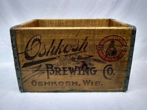 Antique Oshkosh Beer Brewing Company Wood Crate Box Case Indian Chief Vintage