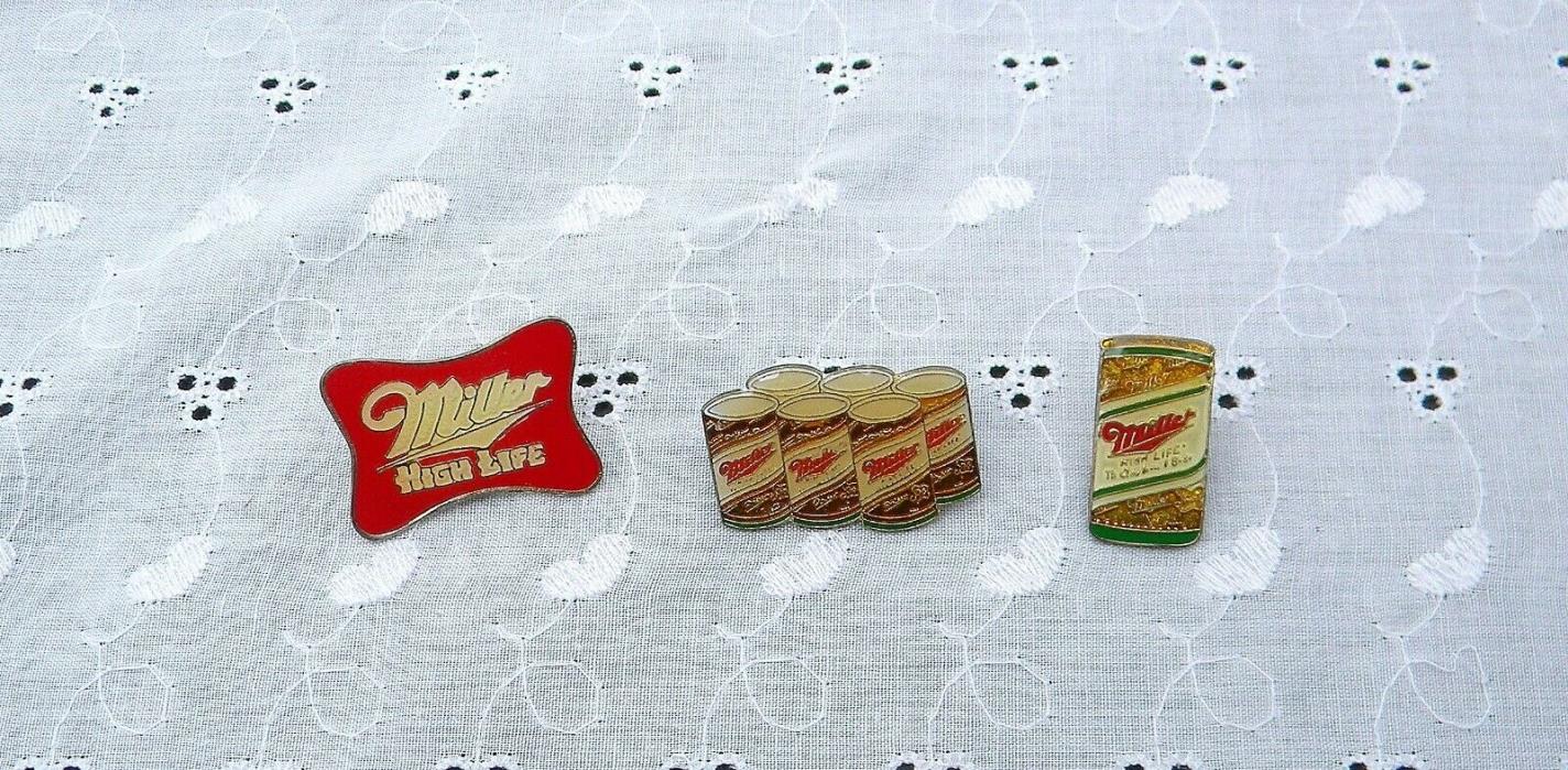 Lot of 3 Vintage Miller High Life Lapel Hat Pins Six Pack Single Can Red Sign