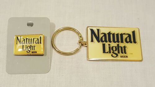 NEW BRASS VINTAGE ANHEUSER BUSCH NATURAL LIGHT BEER KEY CHAIN & HAT PIN