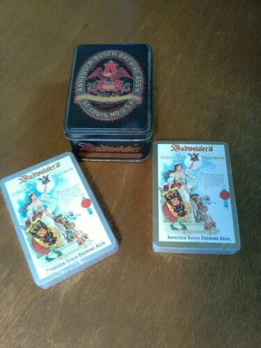 VINTAGE ANHEUSER BUSCH BUDWEISER SEALED PLAYING CARDS IN ORIGINAL TIN