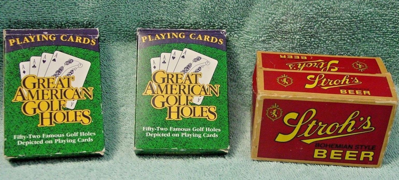 4 DKS VINTAGE PLAYING CARDS 2 STROHS BEER AND 2 1987 GREAT AMERICAN GOLF HOLES