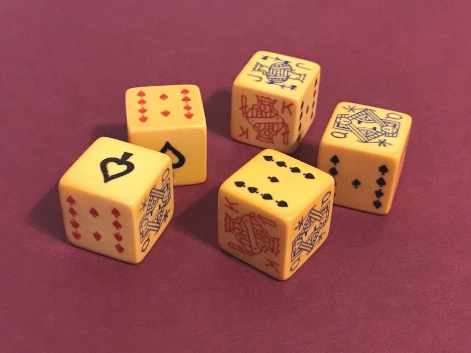 Set of 5 Vintage Beige Cream Bakelite Poker Dice 5/8'' 9 to Ace Tested