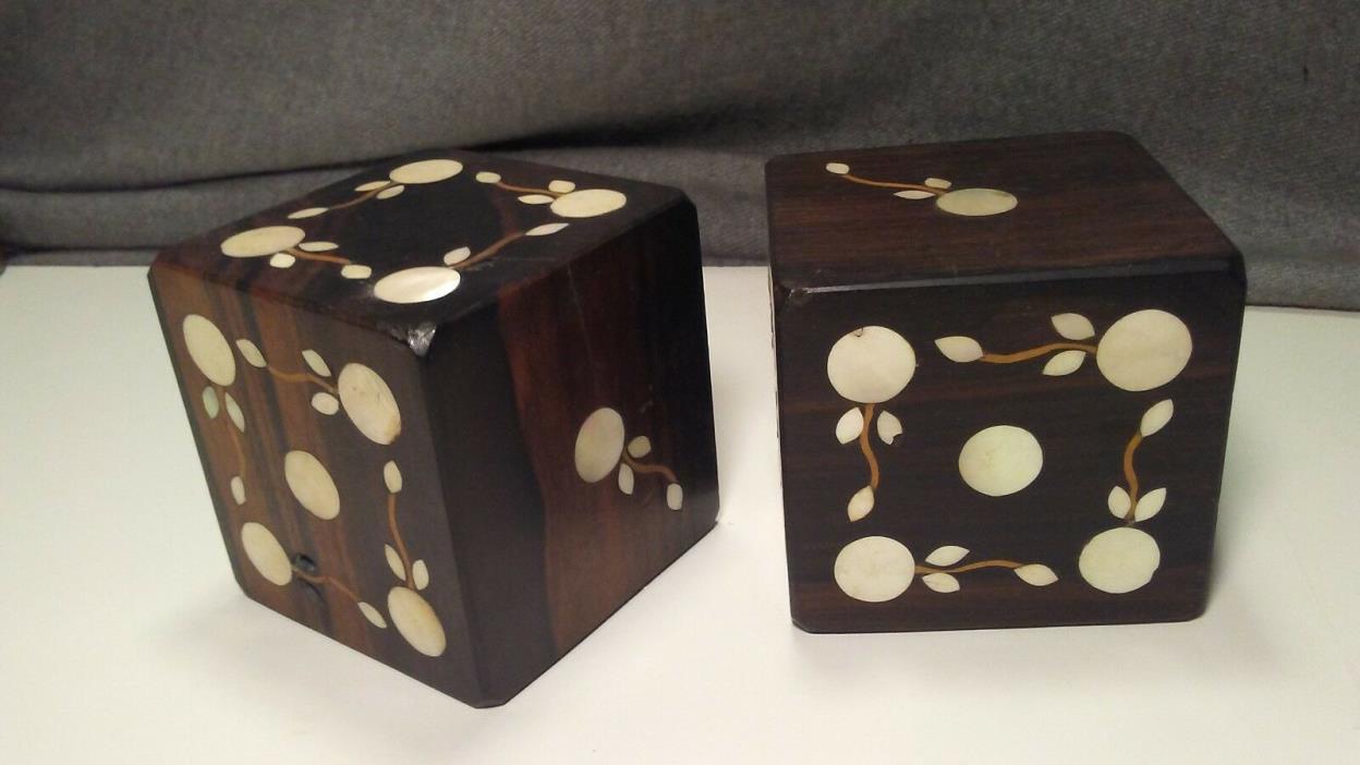 Antique Vintage Handmade Large Exotic Wood Dice with Inlaid Mother of Pearl game