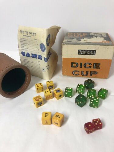 Baron Dice Cup Game Orig. Box Leather Dice Cup Lots of Sets Bakelite Dice Book
