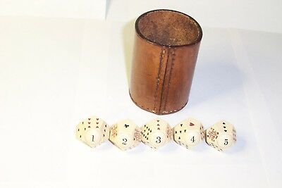 5 Antique 12 Sided Dice Poker Card Playing Gambling Casino Stitched Leather Cup