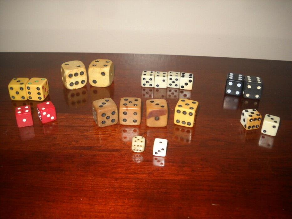 10 SETS OF ANTIQUE DICE, WOOD, CATALIN, BAKELITE, ALL PAIRS.