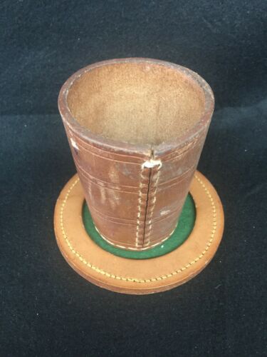 Vintage Brown Leather Stitched Dice Shaker Cup 3.5” Tall & Drink Coaster