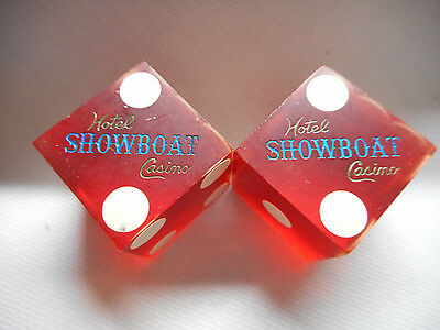 Pair of Closed SHOWBOAT (blue/gold logo) LV Casino Dice - Matte Red, No #s
