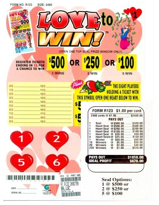 Love to Win 1W Pull Tab 2480 Tkts $500 Prize seal card bingo Last Sale option
