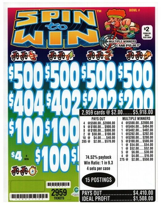 Spin to Win 3W $2 Pull Tab 2959 Tickets Payout 4-$500s