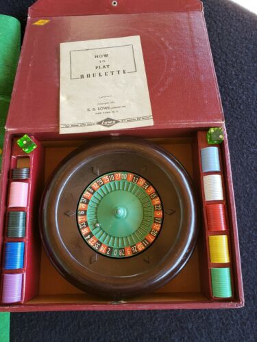 Vintage Roulette Gambling Casino Game E.S. Lowe Co. Wheel Chips Felt Ball Manual