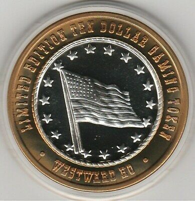 2002 Westward Ho US Flag with Stars G Mint .999 Fine Silver $10 Casino Token