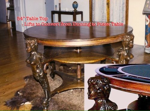 Antique Poker Table, Dining Table, Carved Figure, Quartersawn Oak  - VERY BEST -