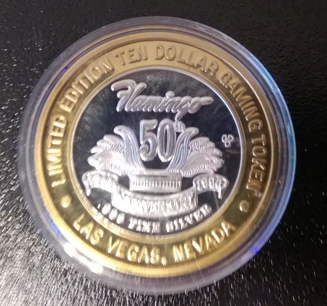 Limited Edition TEN DOLLAR .999 SILVER Gaming Coin Token Flamingo Hilton  50th