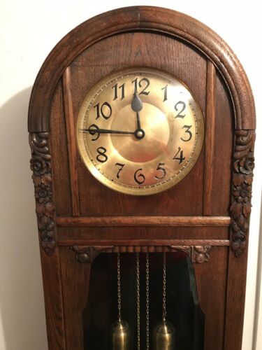 Round Top German Grandfather Antique Clock Hand Carved Case Bim Bam Striking