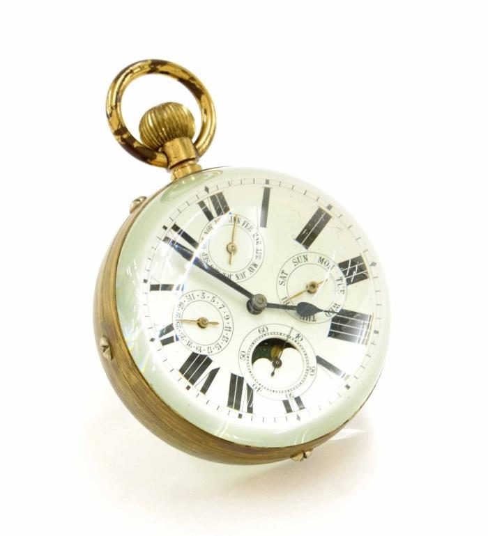 Large French Swiss Calendar Ball clock Timepiece watch  Desk Glass Moon Bronze