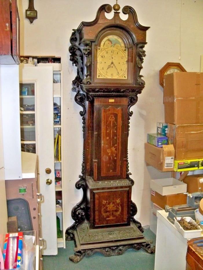 MONUMENTAL ANTIQUE CARVED & INLAID GRANDFATHER CLOCK W TUBES