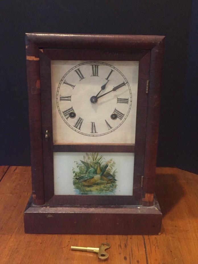 Antique Ansonia Pendulum Mantel Shelf Clock Reverse Painting of Ducks c. 1878