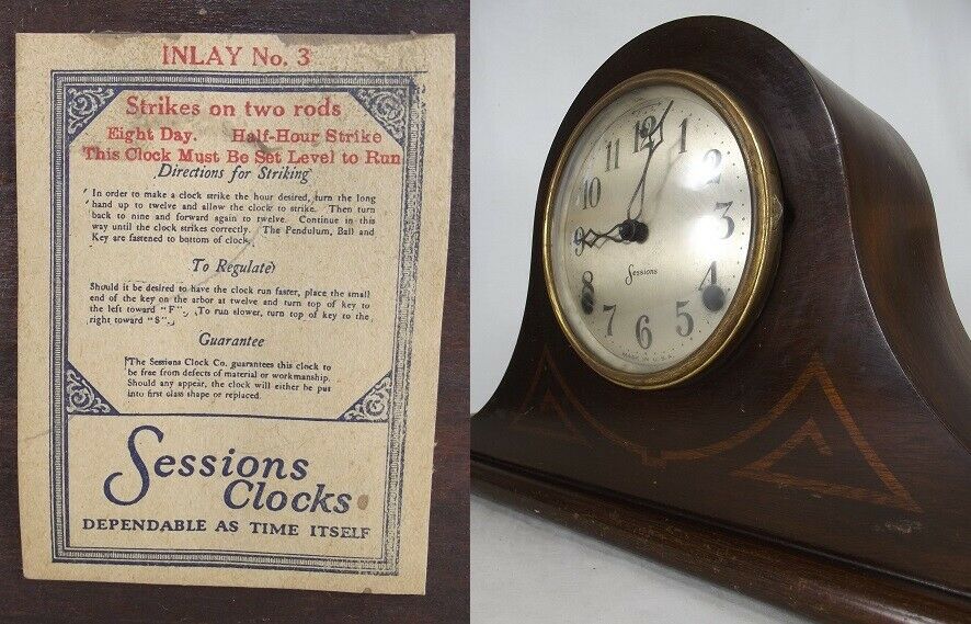 ANTIQUE MANTEL CLOCK wood 8-day chime INLAY NO. 3 all original SESSIONS