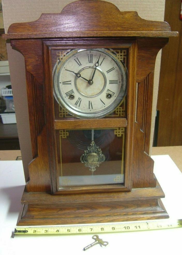 Old Antique Signed E. Ingraham Oak Gingerbread Shelf Mantle Clock 1920 Movement