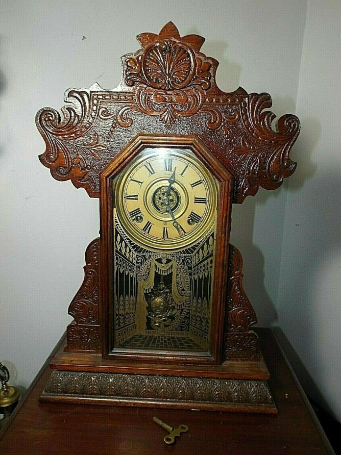 Antique 1880 E. Ingraham Pressed Oak w/Applied Oak 8 Day Parlor Clock w/Alarm