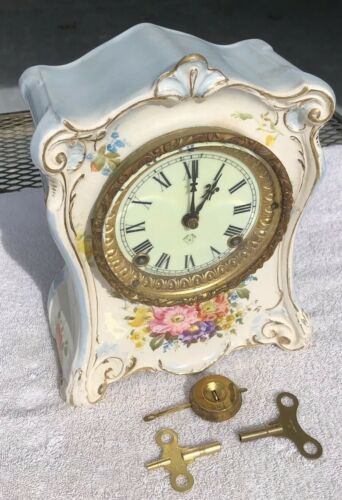 1913 Antique Ansonia Porcelain Mantel Clock Working Correctly LaCumbre RoyalBonn
