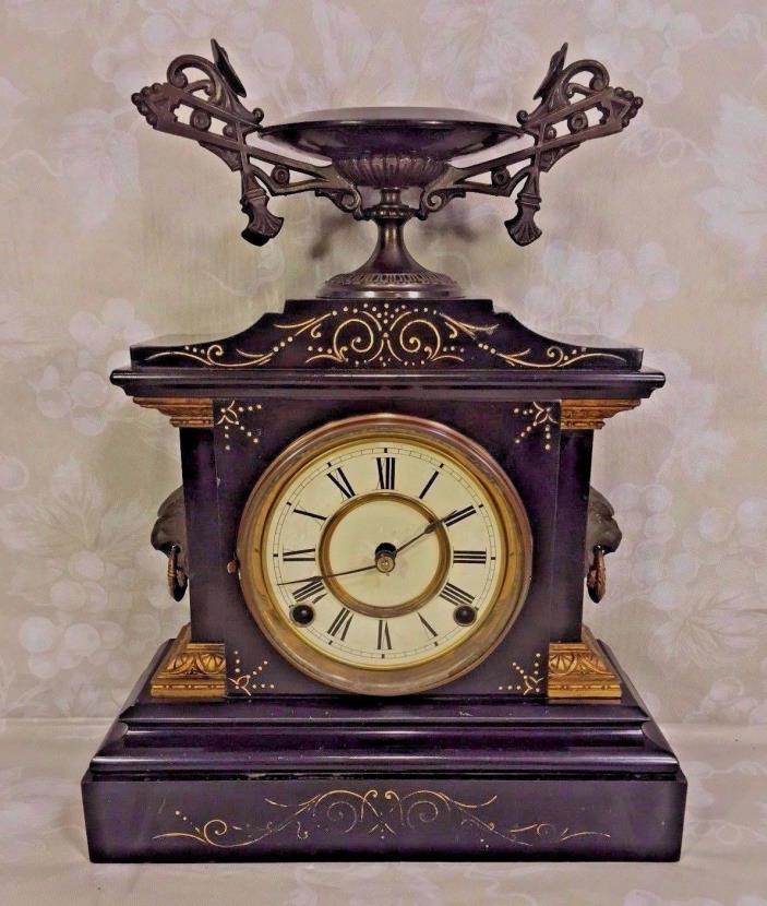 Antique Ansonia Slate & Iron Case Mantel Clock La France Model Beautiful Topper