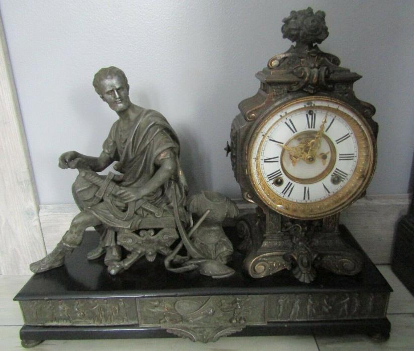 Antique 1800's Ansonia Cincinnatus Figural Ornate Cast Metal Mantel Clock